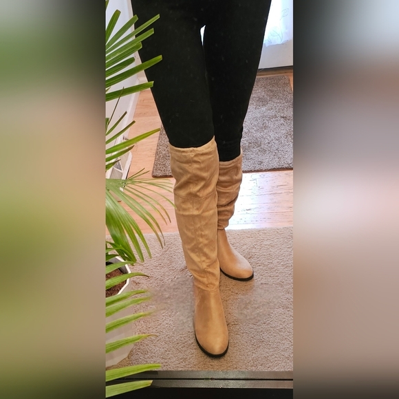 SO Womens Thigh High Boots TAN size 8 | Winter Fall Pull-on Tie-back Boots - Picture 1 of 16